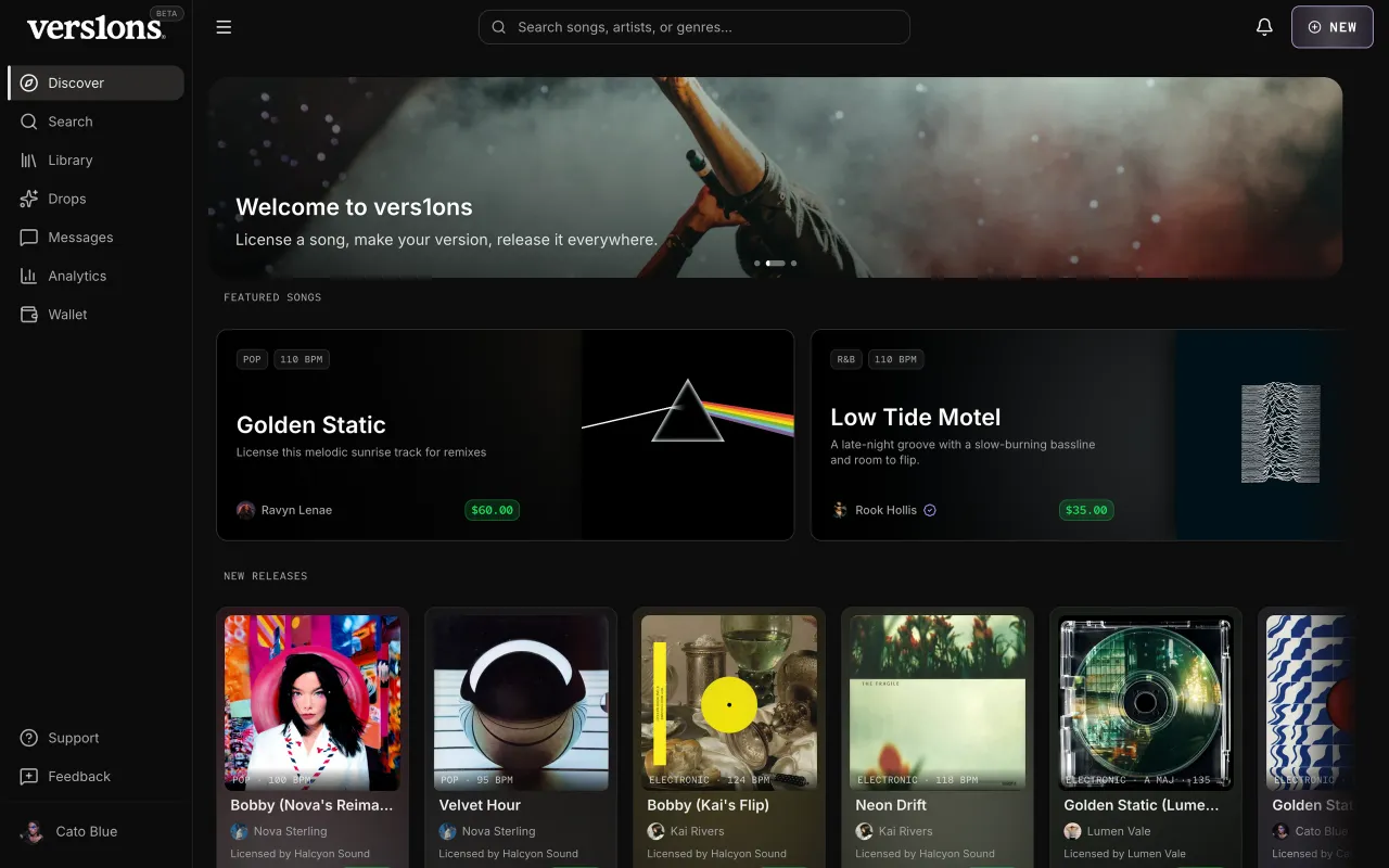 Discover: lavender for actions and the active nav item, green only on the price pills, cover art on warm black.
