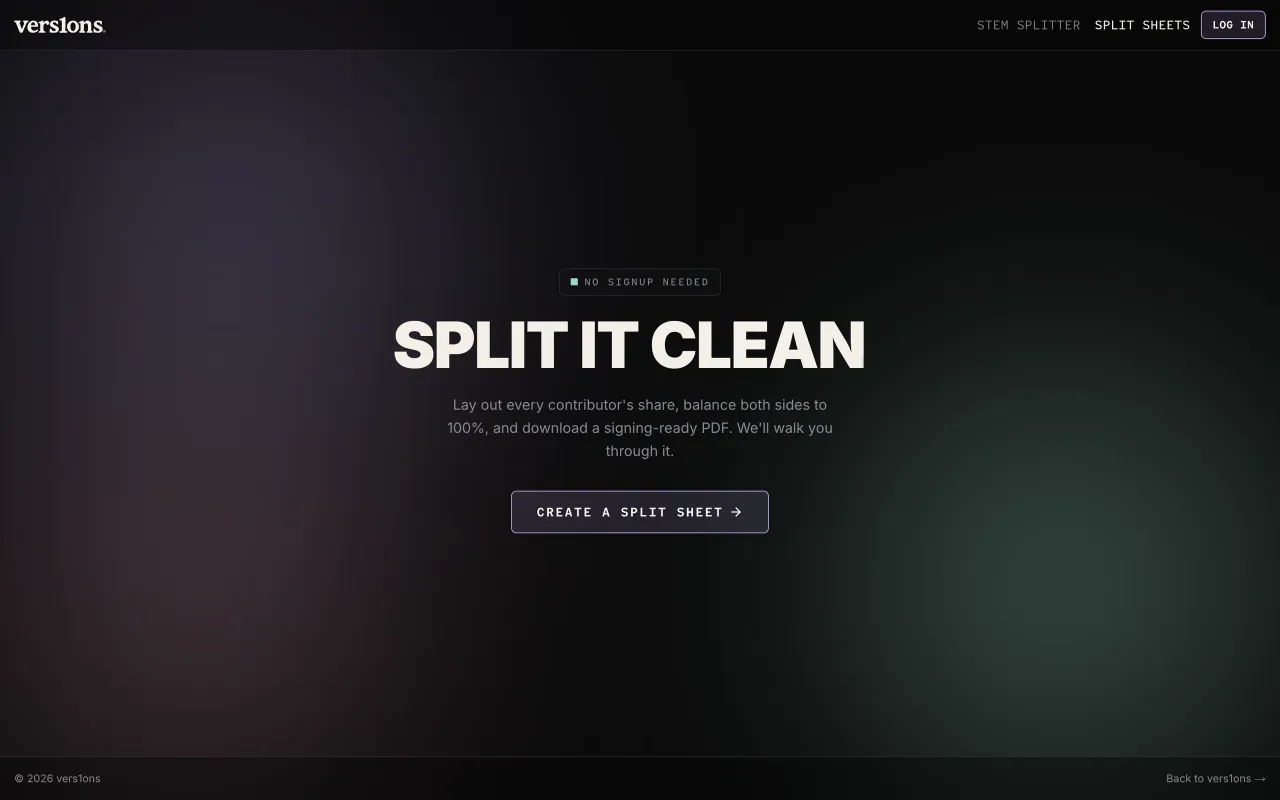 sheets.vers1ons.com: "Split it clean."