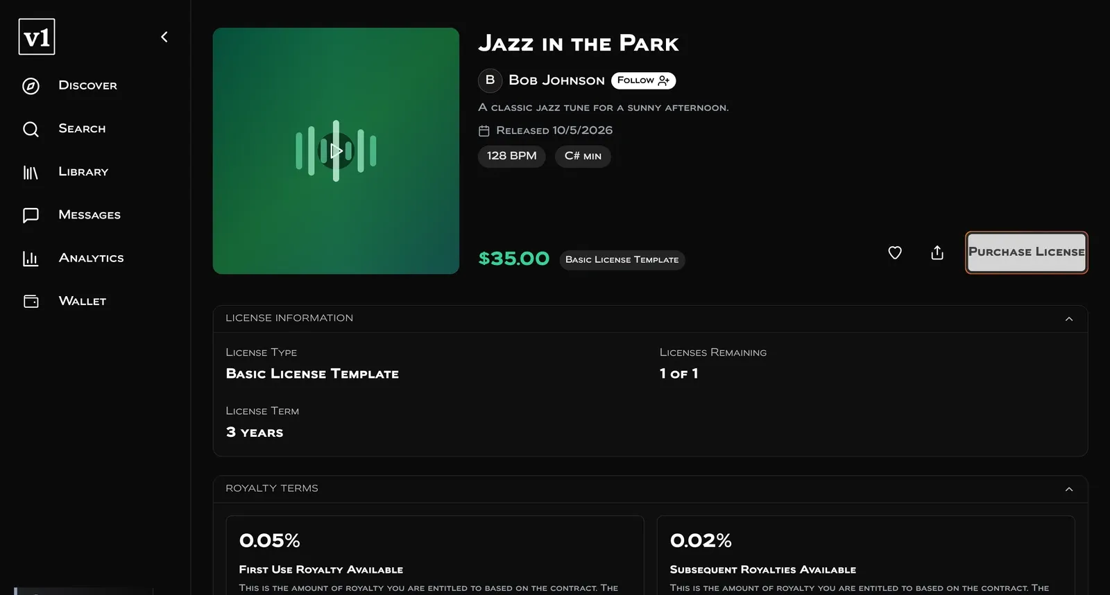 A listing in November 2025: small caps, a placeholder cover, the license type and term, and two royalty percentages.