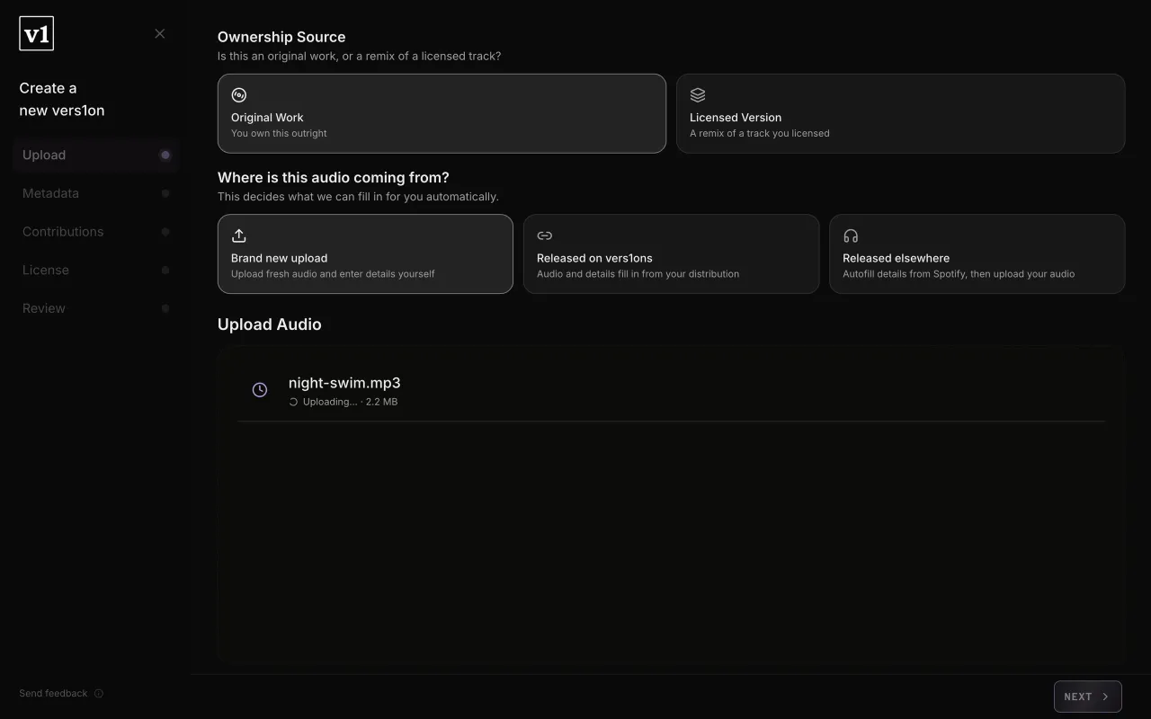 The first step: an original work or a licensed version, where the audio comes from, and the upload.