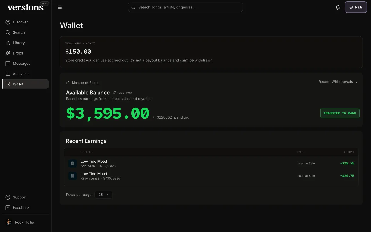 The wallet: platform credit, the available balance and recent earnings.