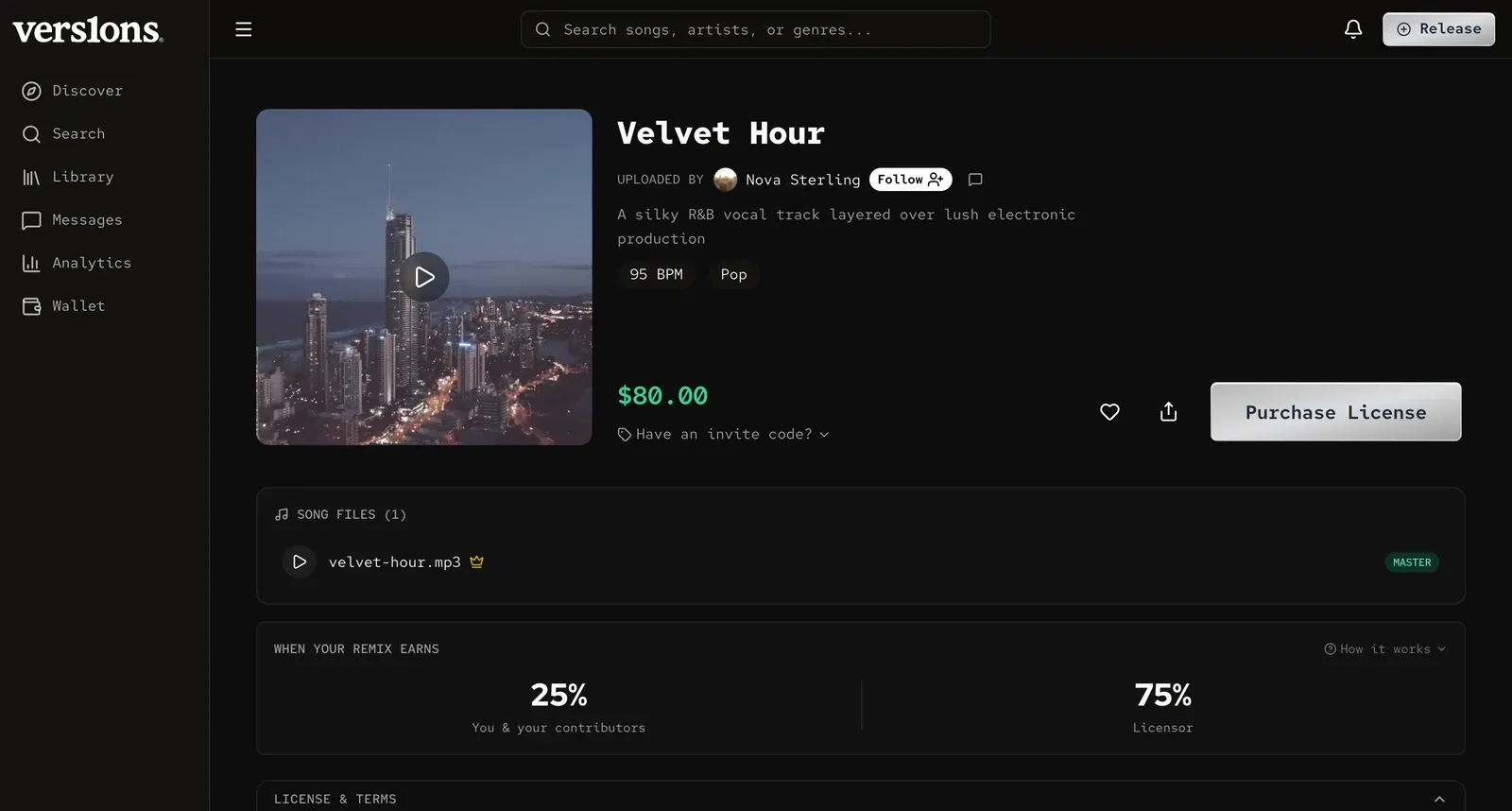 A listing in March 2026: one stacked column, the price beside an invite code field, and the royalties as two percentages.