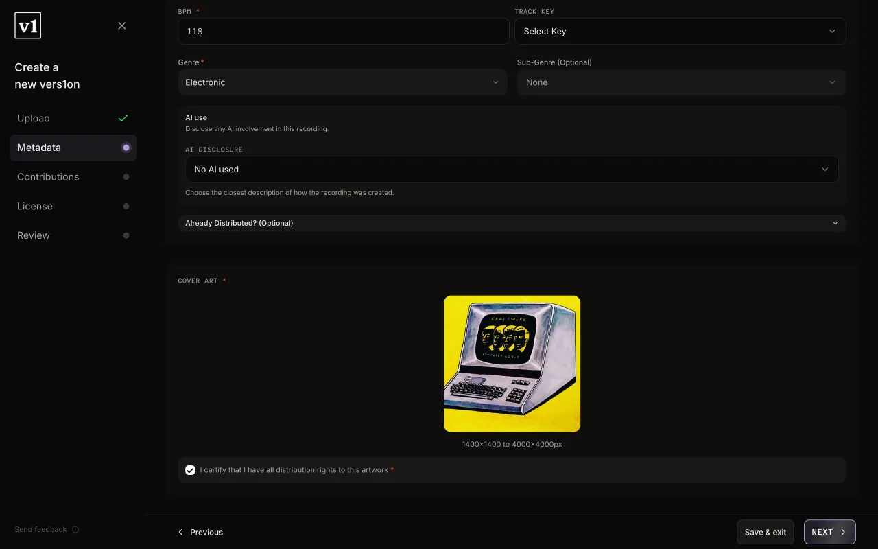 Track details and cover art, with the artwork rights confirmation.