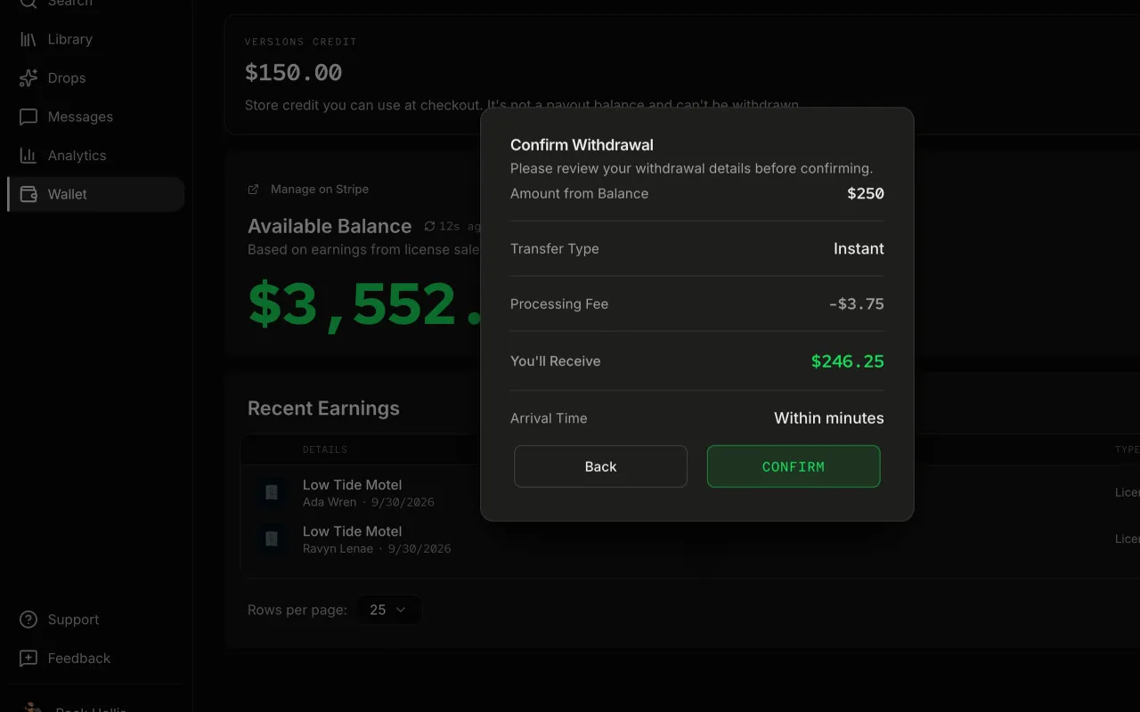 Confirm Withdrawal: $250, instant, the fee and what arrives.