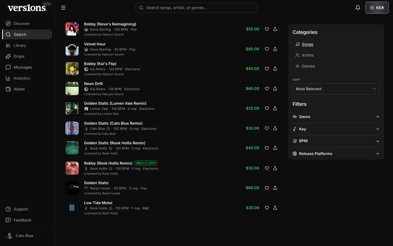 Search results: titles in Inter, and prices, BPM and keys in mono, with a filter column on the right.