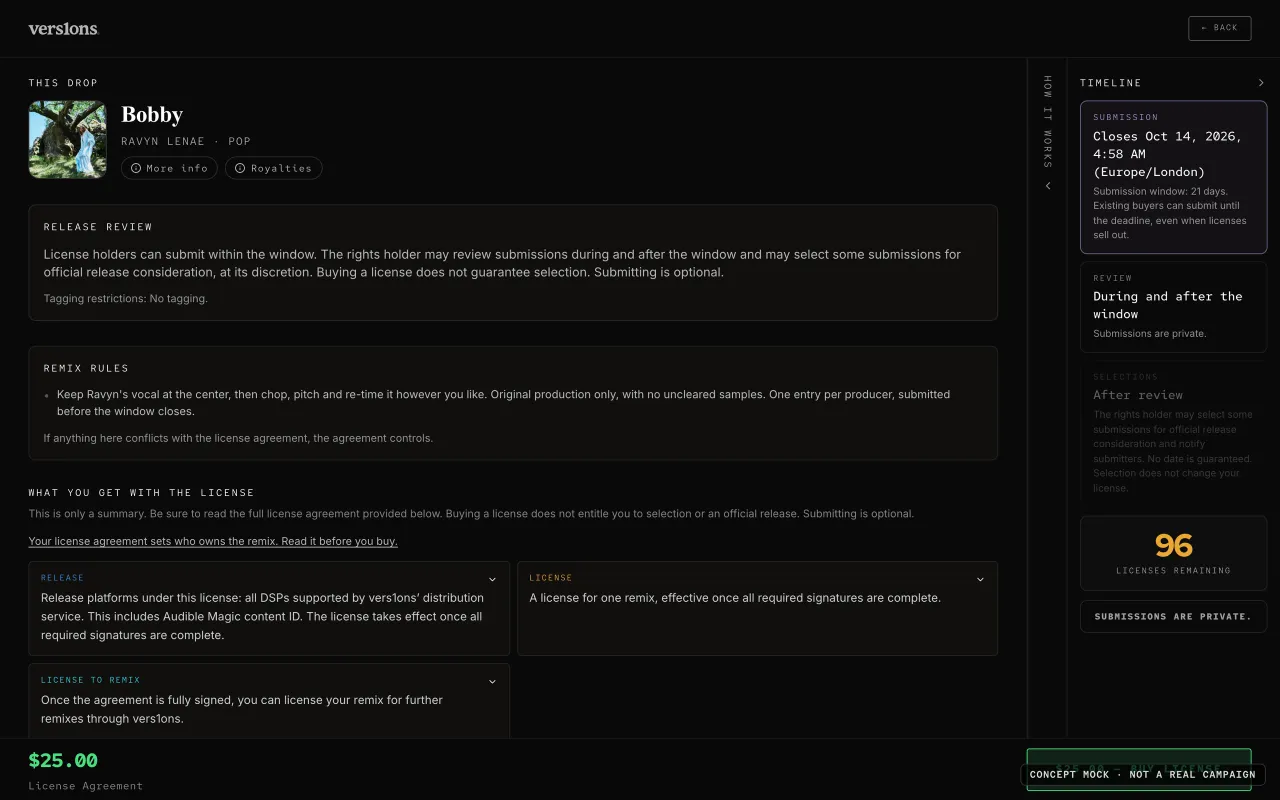 Further down the public drop page: release review, remix rules, what you get with the license, and the timeline.