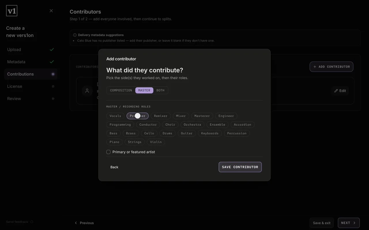 Add contributor: the composition and master sides, and their roles.