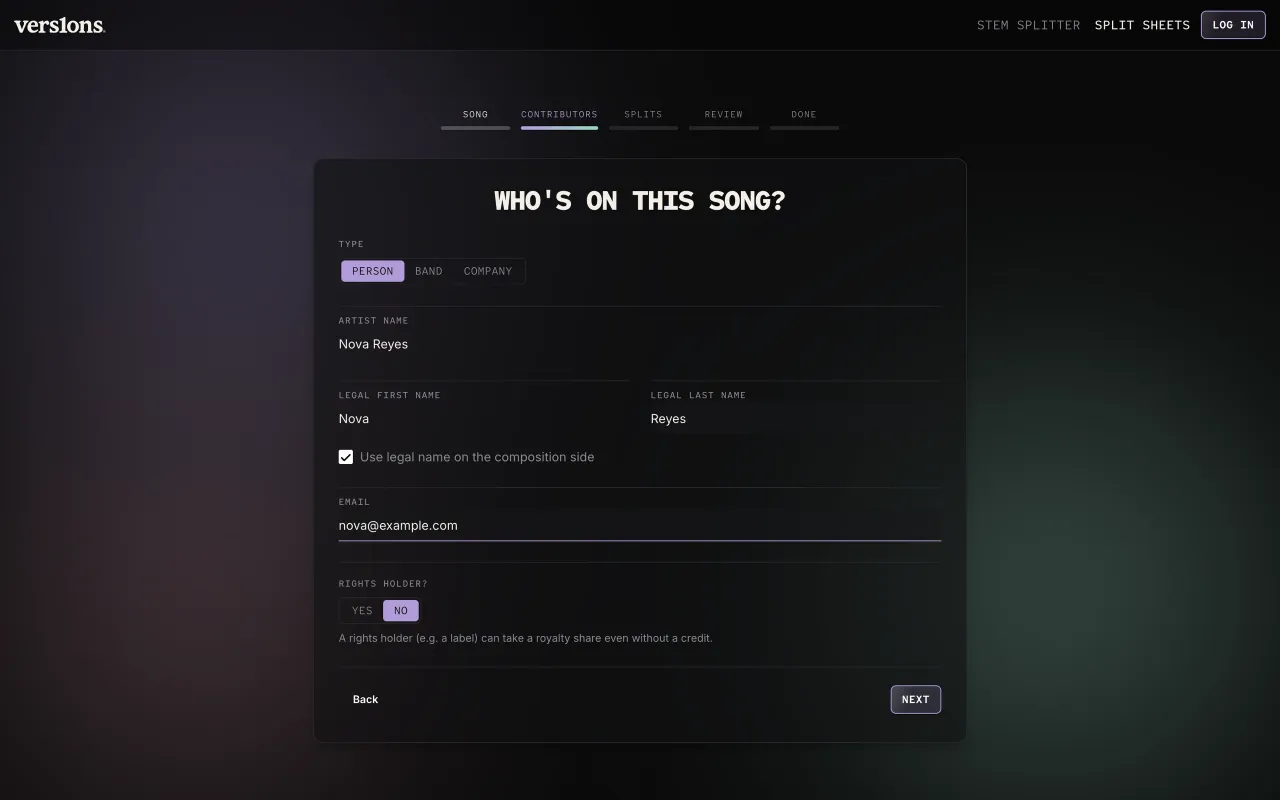 Who's on this song: a contributor's names and email.