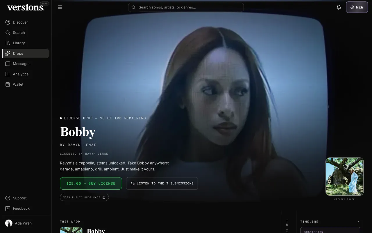 The "Bobby" drop inside vers1ons, with Buy license and a link to the public page.