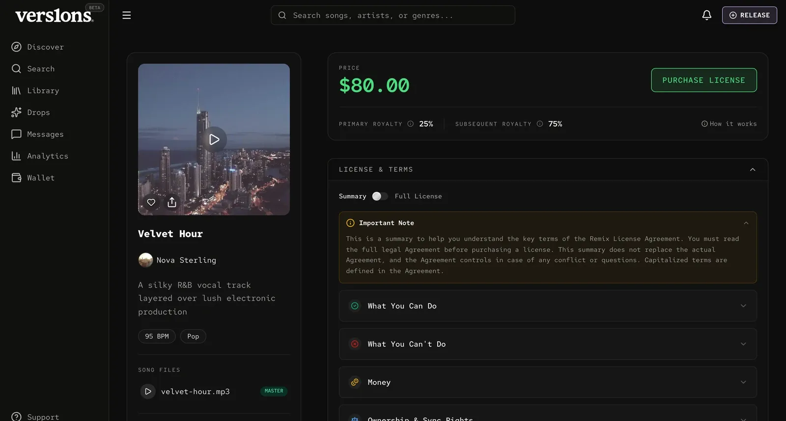 A listing in July 2026: the song on the left, and the price, Purchase License and the license terms on the right.