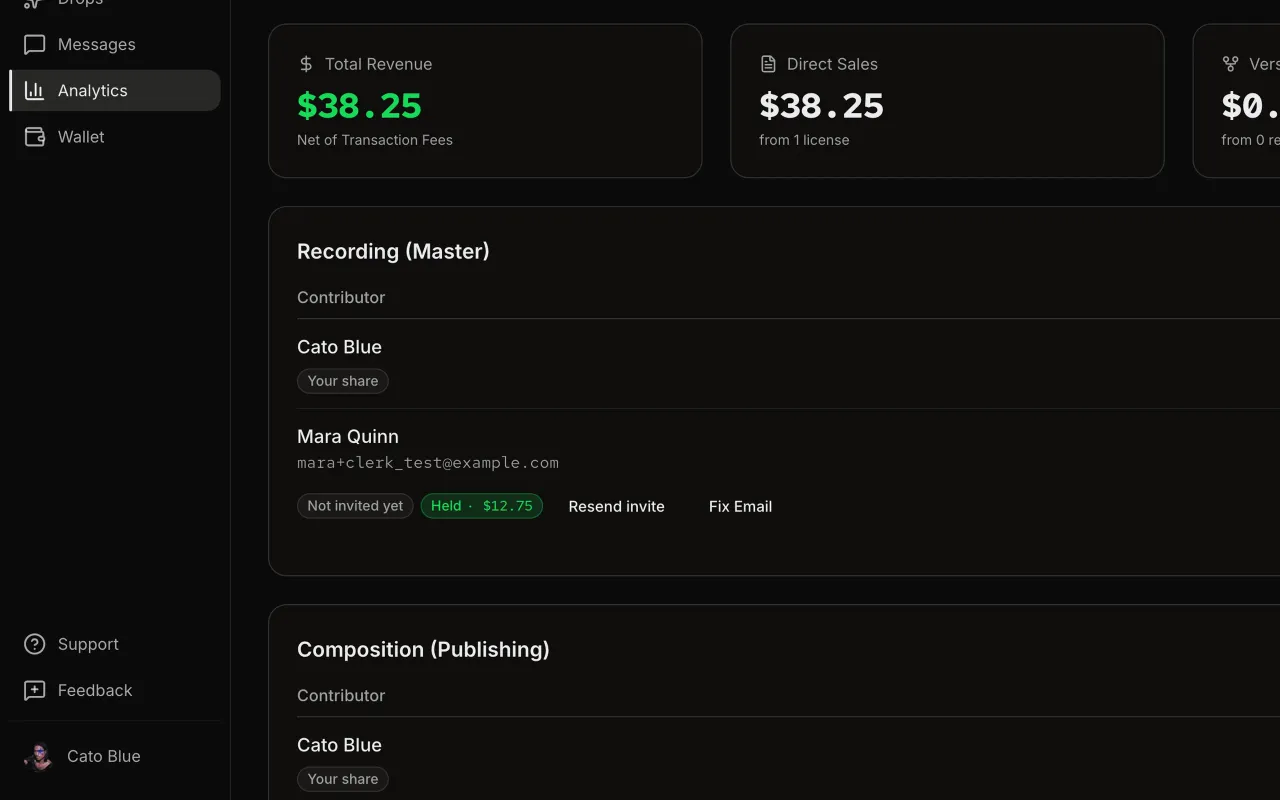 A listing's earnings by contributor: the artist's share, and Mara Quinn's share held, not invited yet, with Resend invite.