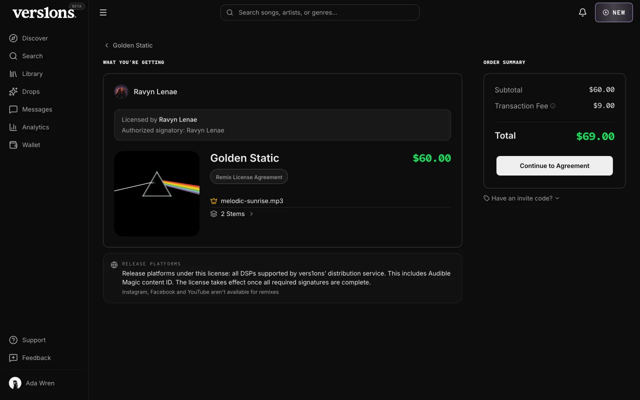 The order summary: the licensor, the master and two stems, where the remix can be released, and $69.00 with the fee.