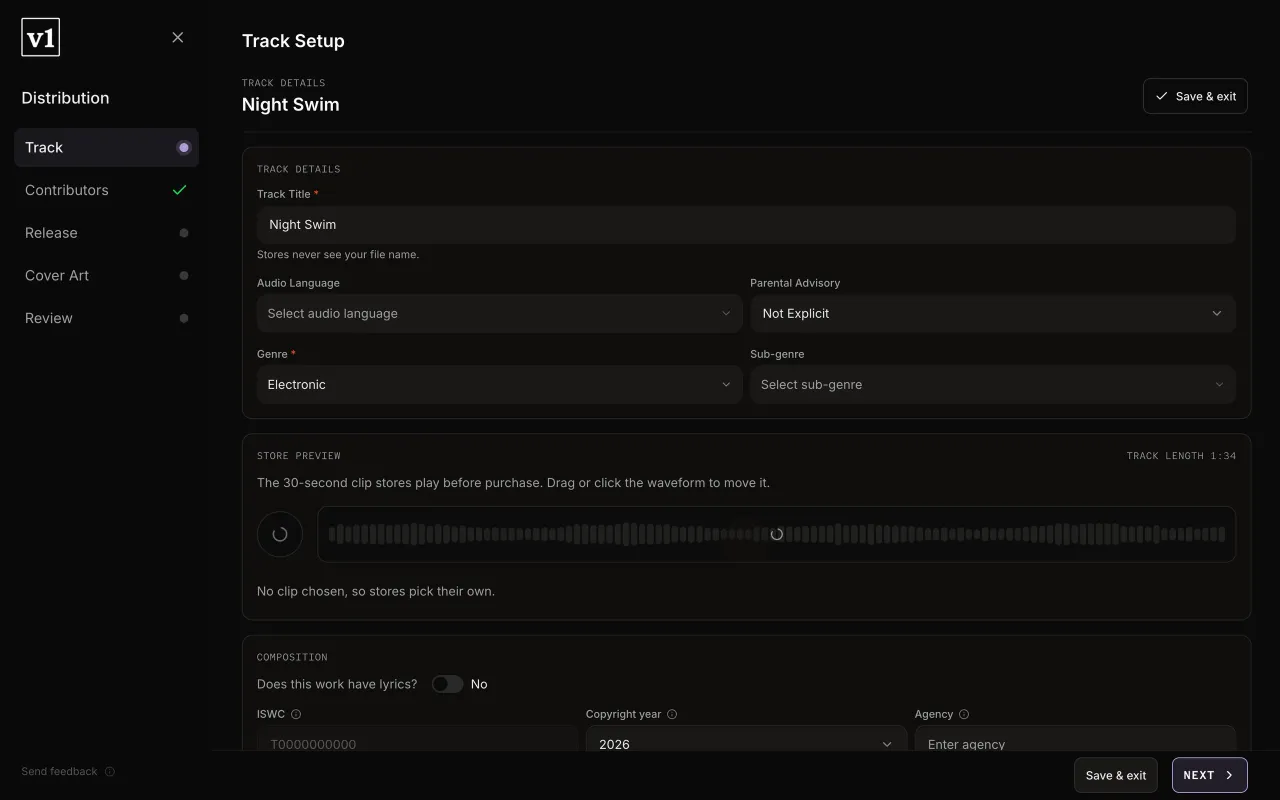 Track setup with the waveform preview picker.