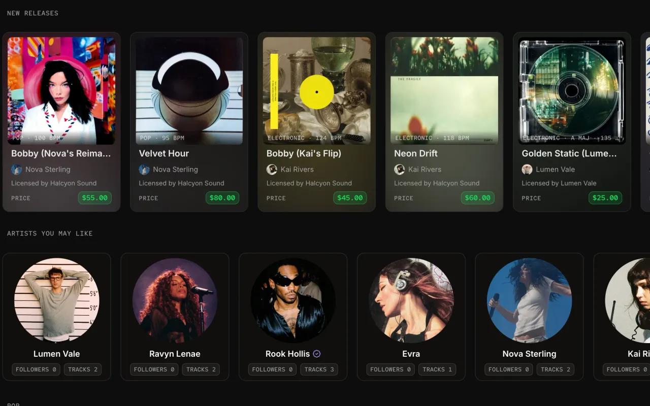 Listing cards with genre, BPM and price pills, and a row of artist cards with follower and track counts.