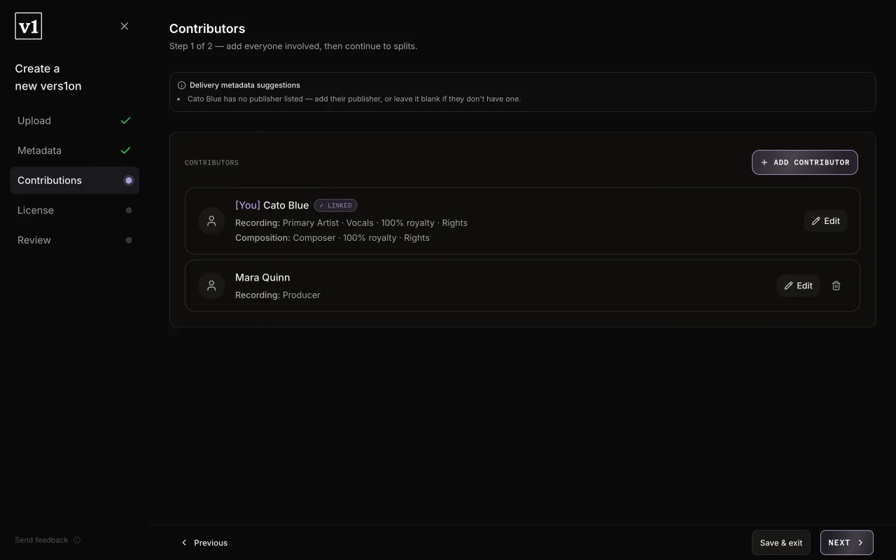 Two contributors listed with their roles and shares.
