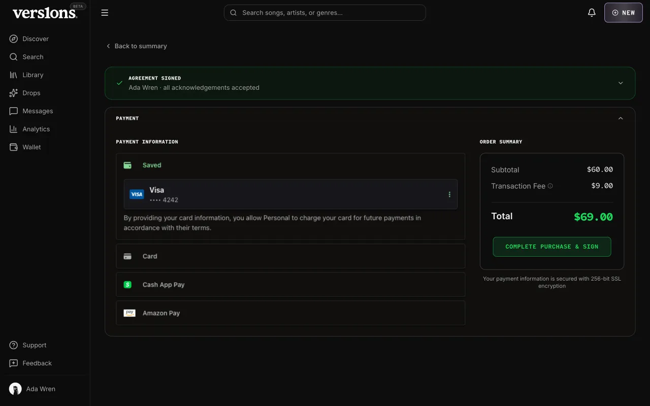 Agreement signed, folded at the top, with the payment form open below it.