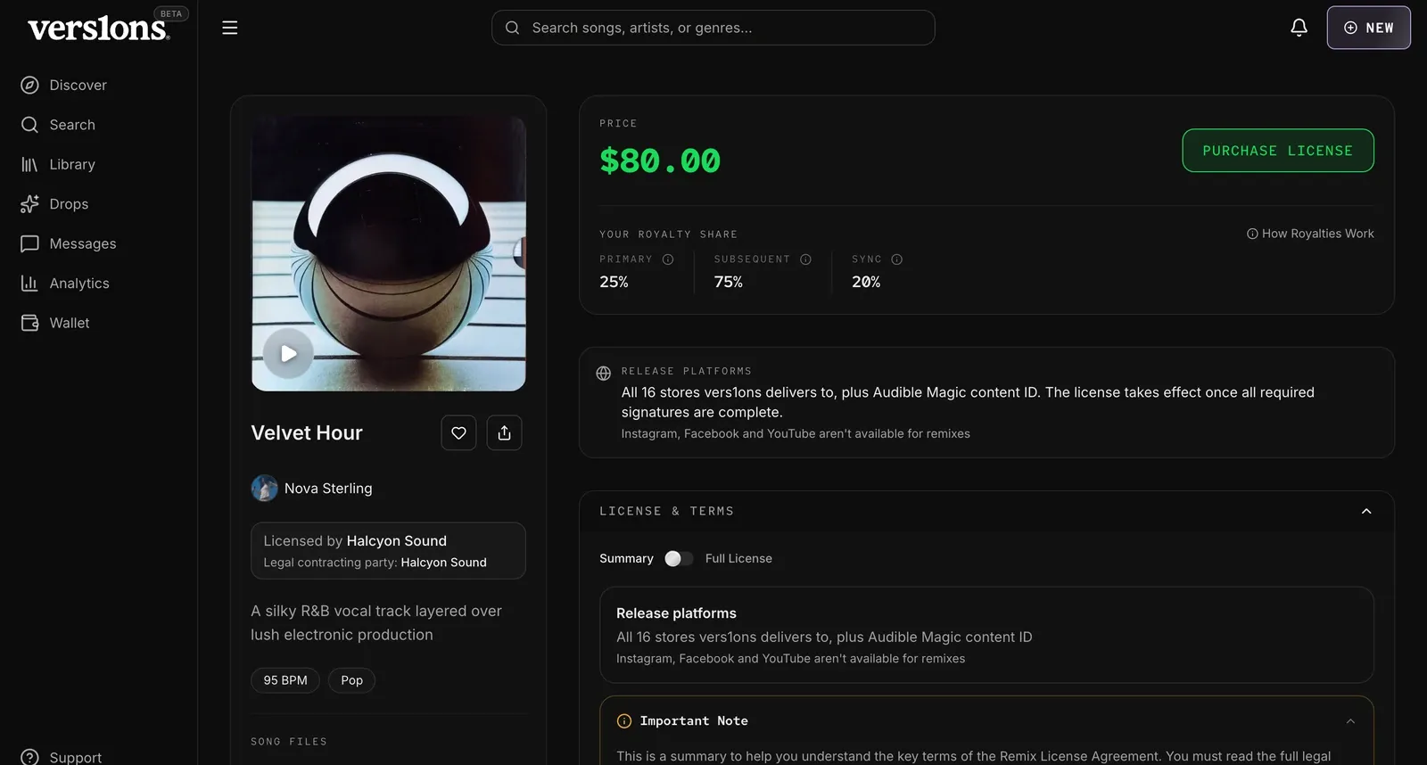 A listing today: the price and royalty shares at the top, where a remix can be released, and who it's licensed by.