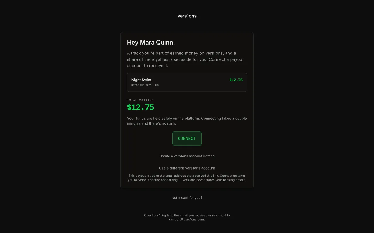 The claim page: a share waiting, with Connect, create an account, or use a different account.