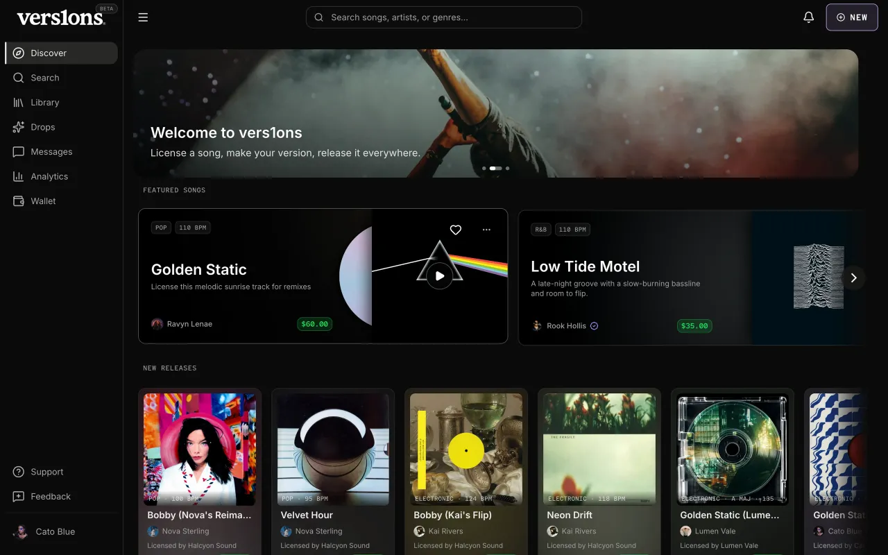 Discover after loading: the featured cards and new releases in place.