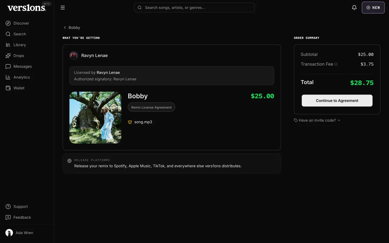 Order summary: who licenses it, the price and the fee.