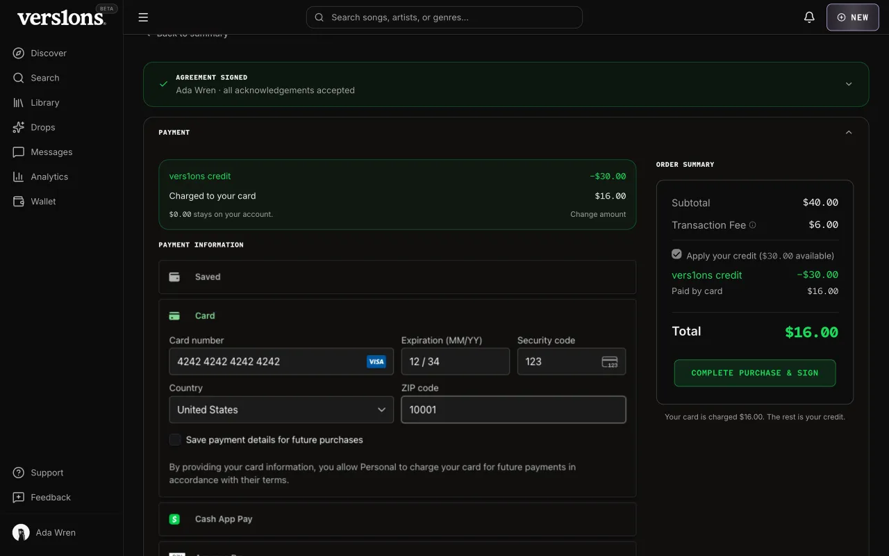 Payment with platform credit applied above the card form, which covers only the rest.