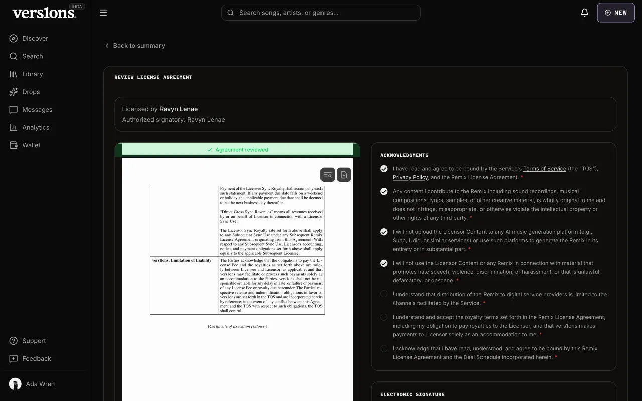 The license agreement, scrolled to the end, with acknowledgements and a signature.