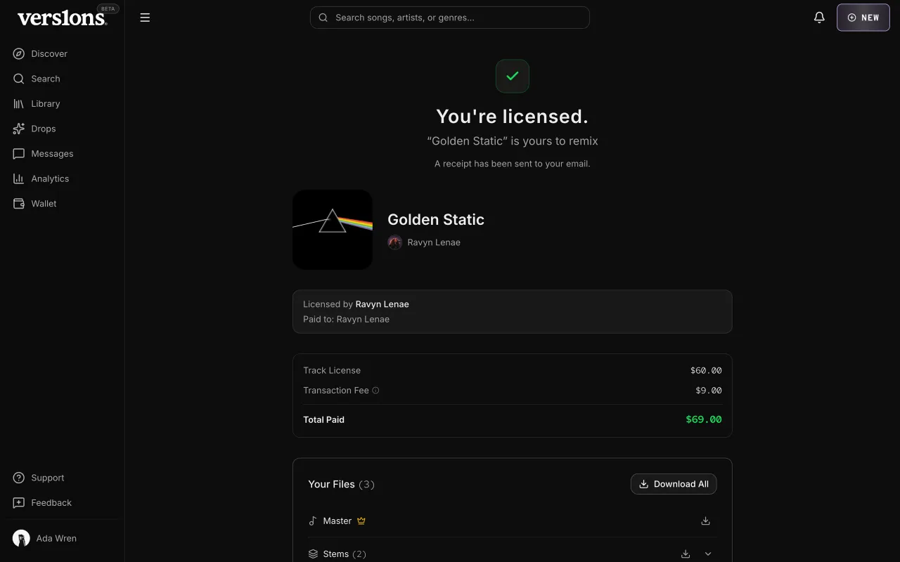 You're licensed: the song, who it was licensed by and paid to, and the total paid.