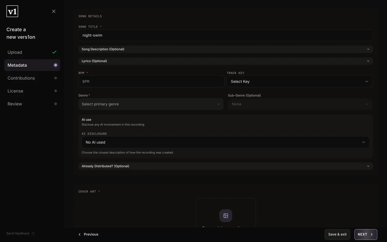 The upload wizard: a step rail with Upload done and Metadata current, a form, and the footer with Previous, Save & exit and Next.