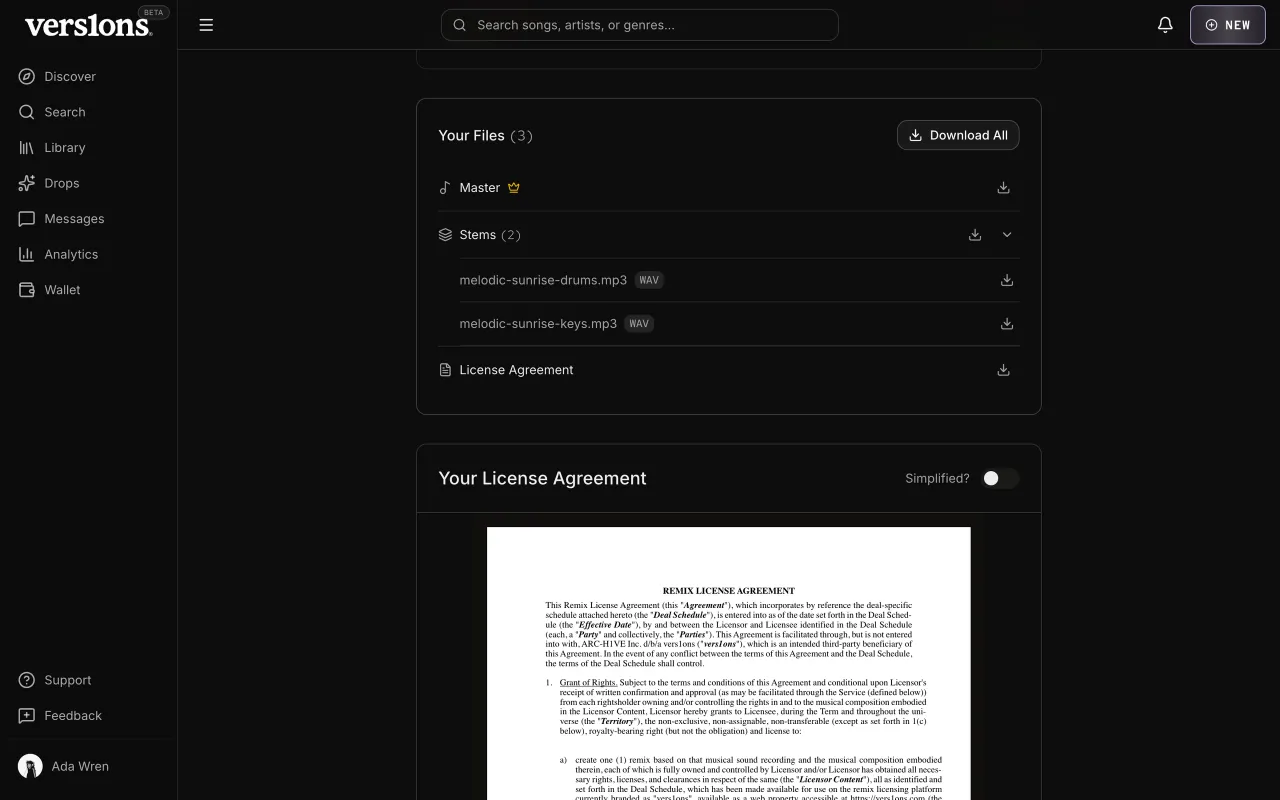 Your Files: the master, two stems and the license agreement, each with a download, and Download All.