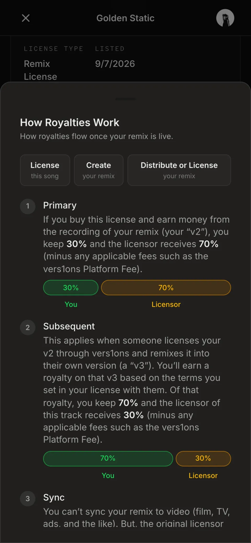 How Royalties Work as a bottom sheet on a phone.