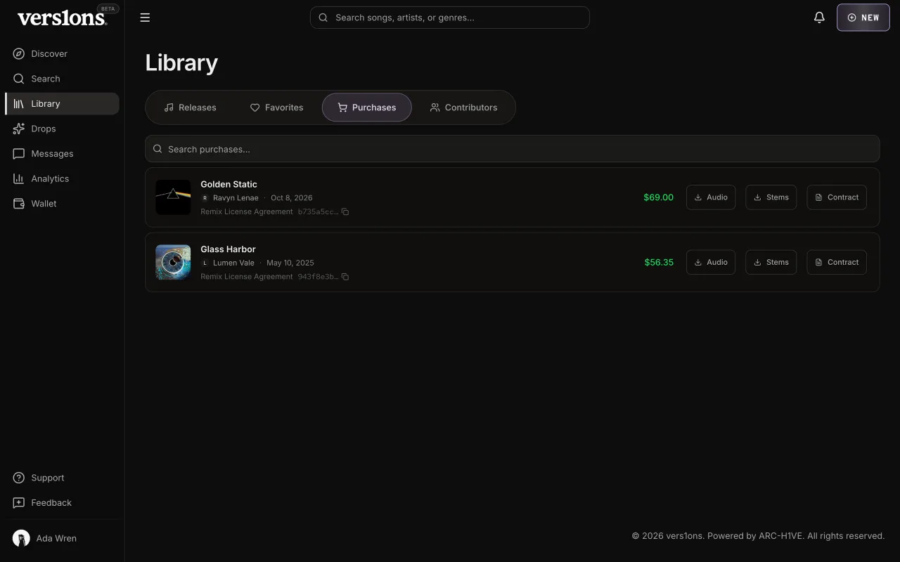 Library, Purchases: each license with its price, date, and Audio, Stems and Contract downloads.