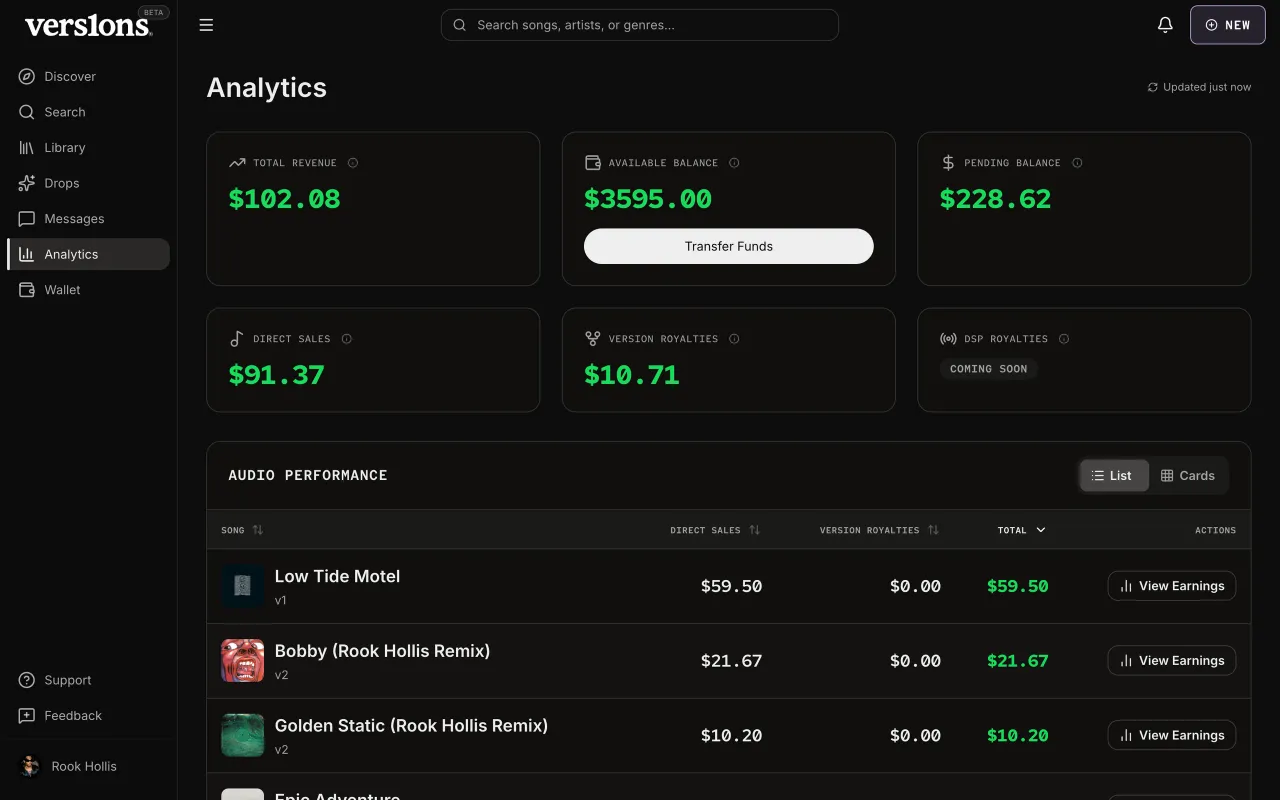 Analytics: revenue, direct sales and royalties, and earnings by song.