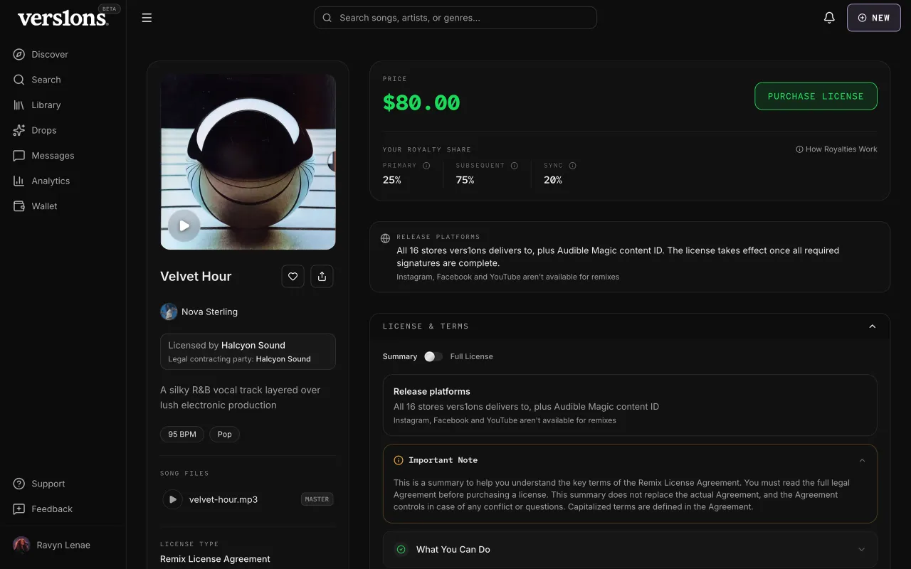A published listing: the song on the left, the price, royalty shares and license terms on the right.