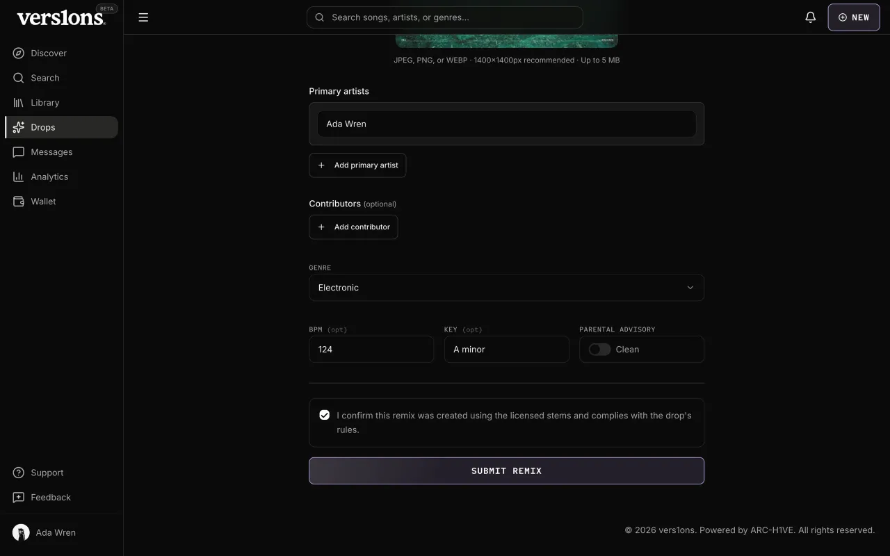 The remix details filled in, with the confirmation and Submit remix.