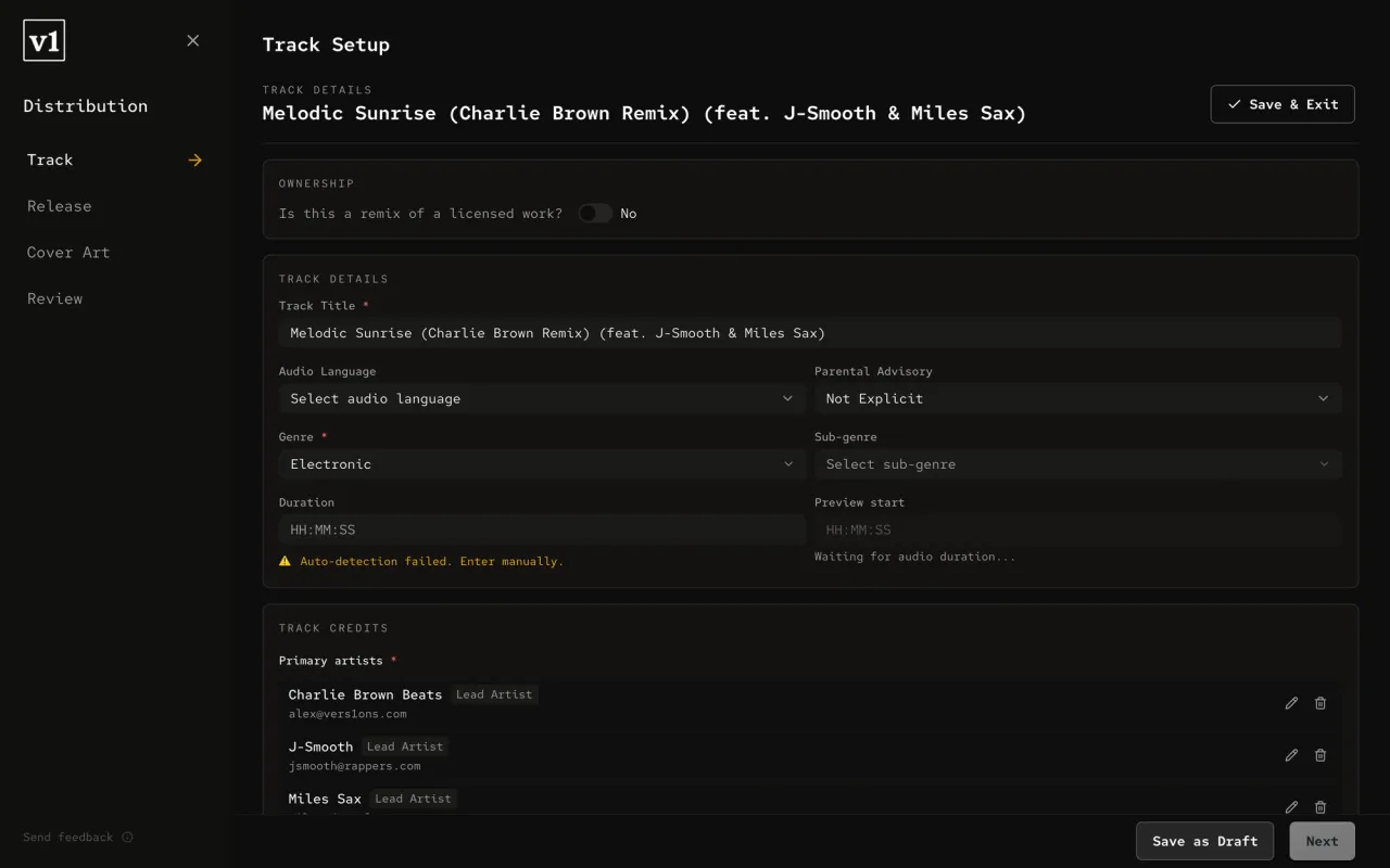 Track credits typed in by hand, one artist at a time.