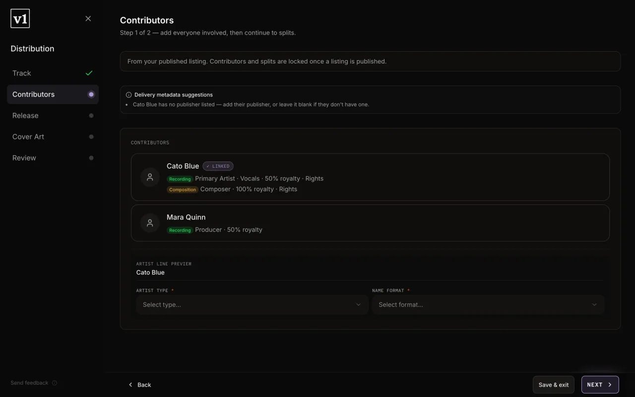 Contributors and splits arriving locked from the license.