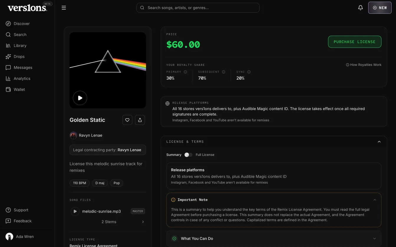 The listing for "Golden Static": $60.00 and Purchase License at the top, the royalty shares, where a remix can be released, and the license summary.