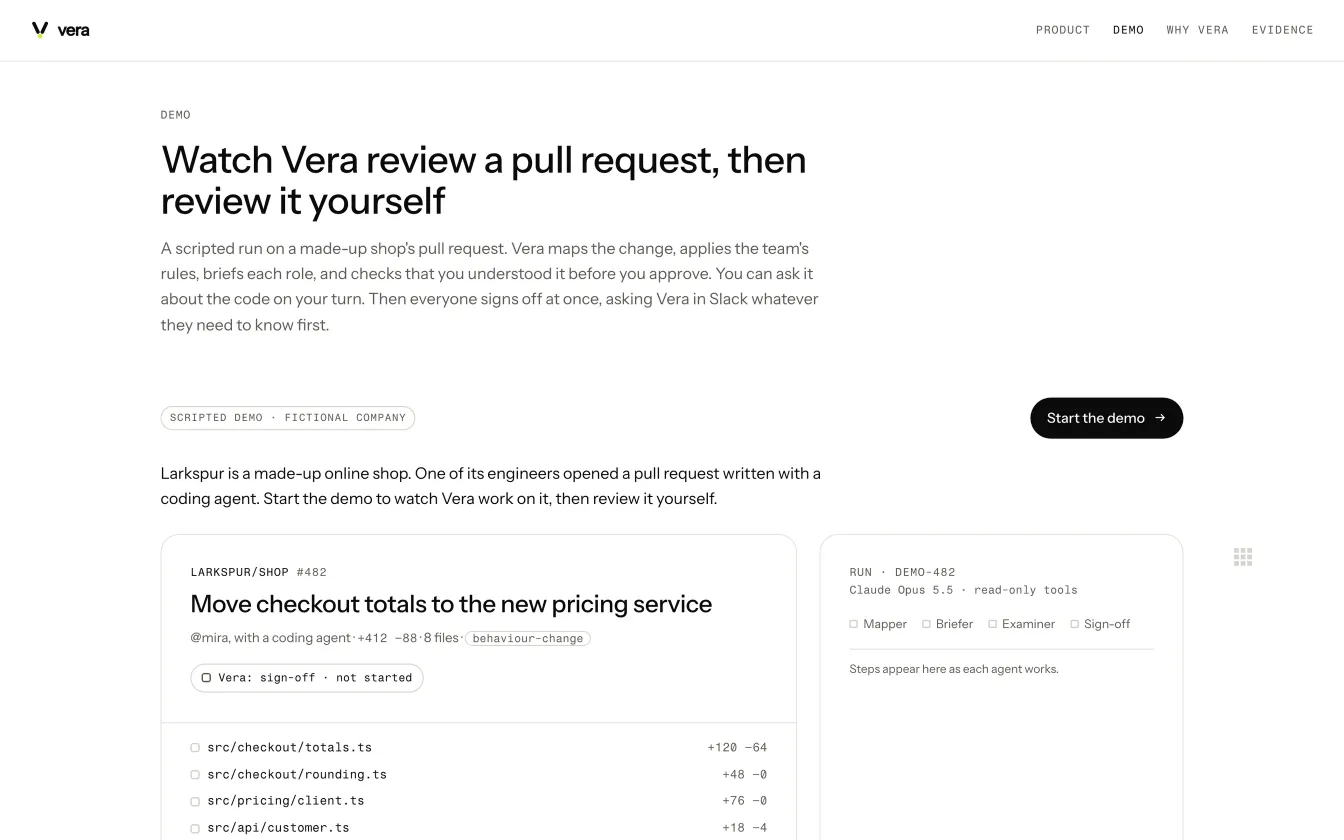 The Vera demo before it starts: a pull request at a made-up shop, and the run panel waiting.