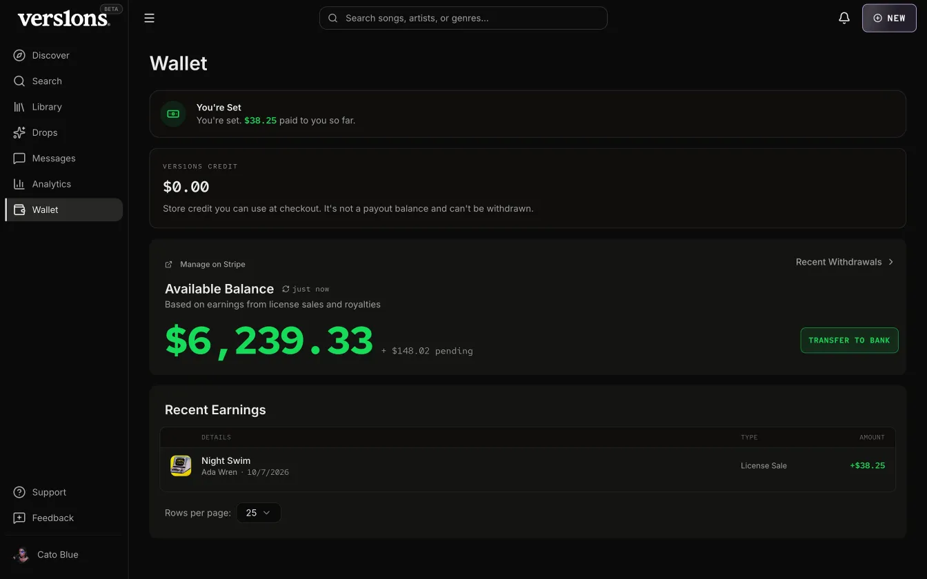 The artist's wallet right after a sale: the available balance and the sale in recent earnings.