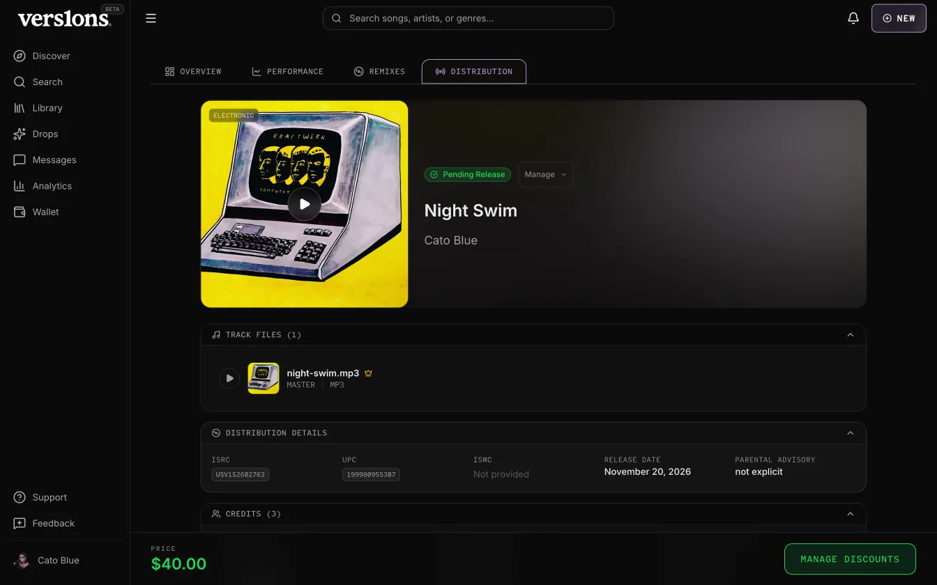 The release page for "Night Swim" after submitting: its cover art, Pending release, and the ISRC and UPC it was issued.