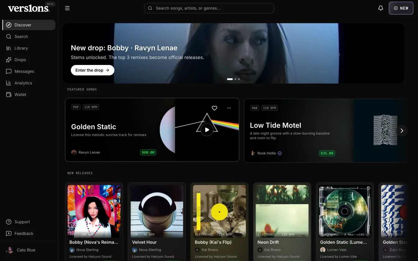 Discover: a new drop, featured songs with their prices, and new releases.