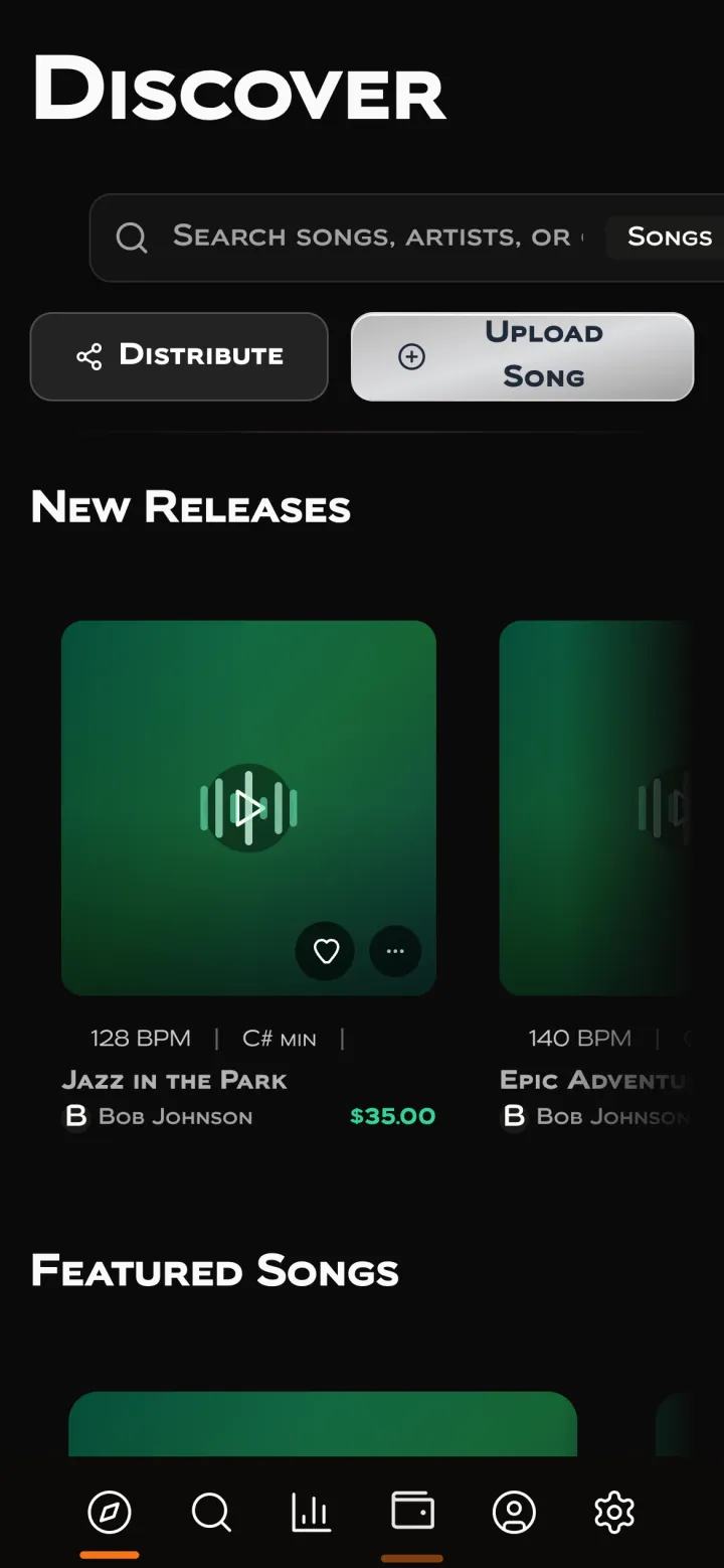 Discover on a phone in November 2025: small-caps headings, Distribute and Upload Song buttons, and green placeholder tiles.