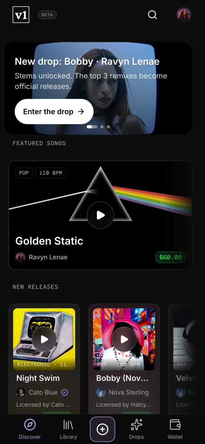 Discover on a phone today: a drop banner, a featured poster and new releases, with a lavender bottom nav.