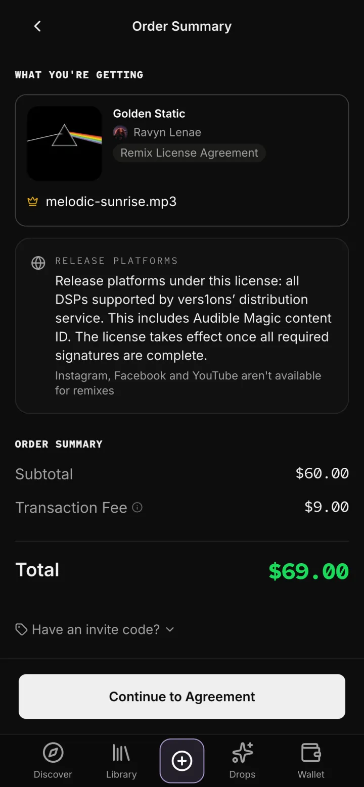 The order summary on a phone: the song, where it can be released, the total and Continue to Agreement.