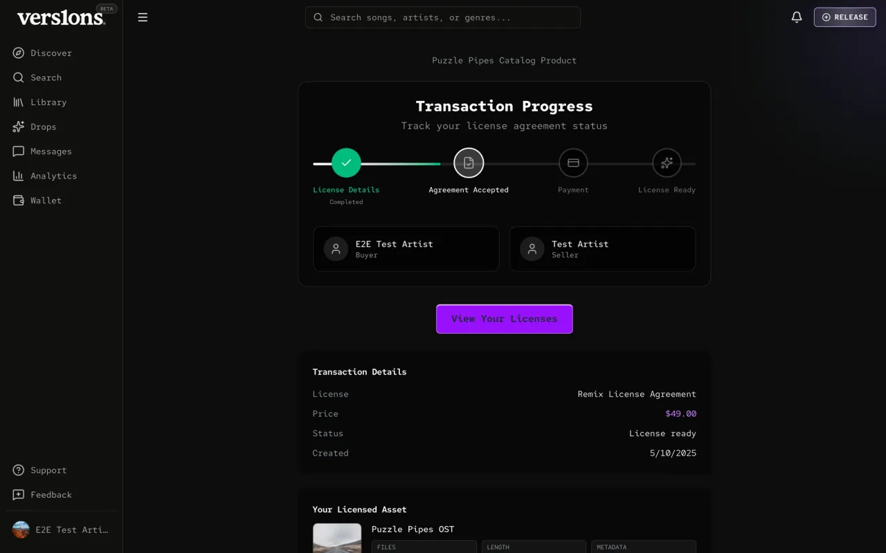 A full Transaction Progress page with a four-step tracker, buyer and seller cards and transaction details.