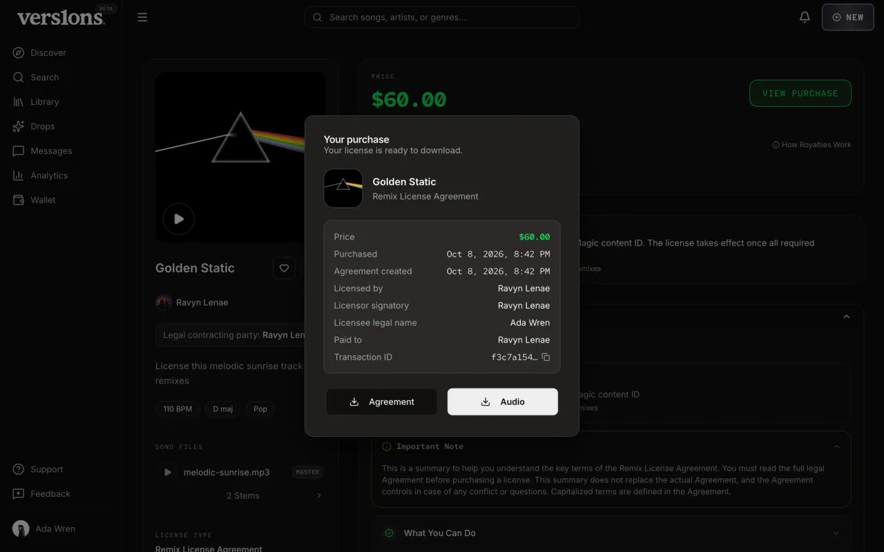The Your purchase dialog over the listing: price, dates, licensor, licensee, transaction ID, and Agreement and Audio downloads.