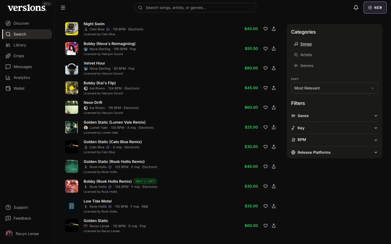 Search today: compact rows with data in mono and green prices, and a filter column.
