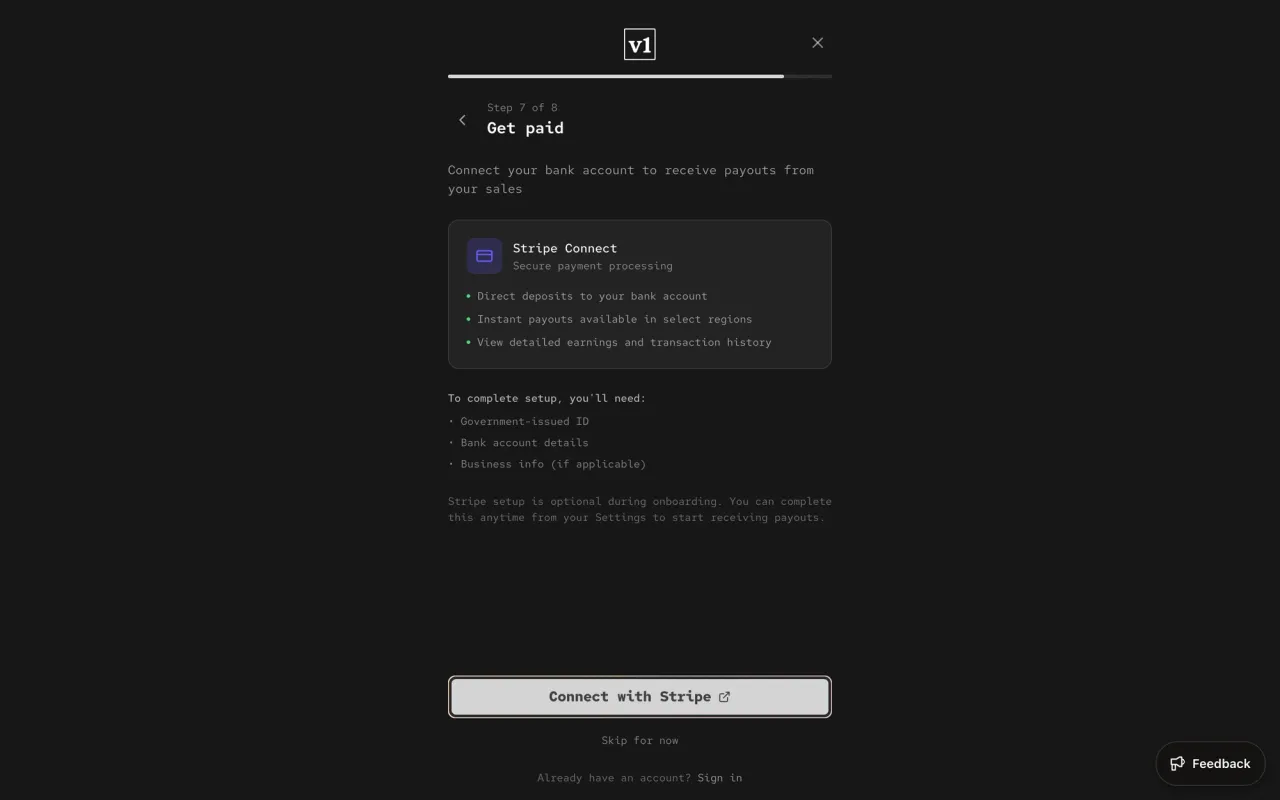 A sign-up step asking to connect Stripe to get paid.