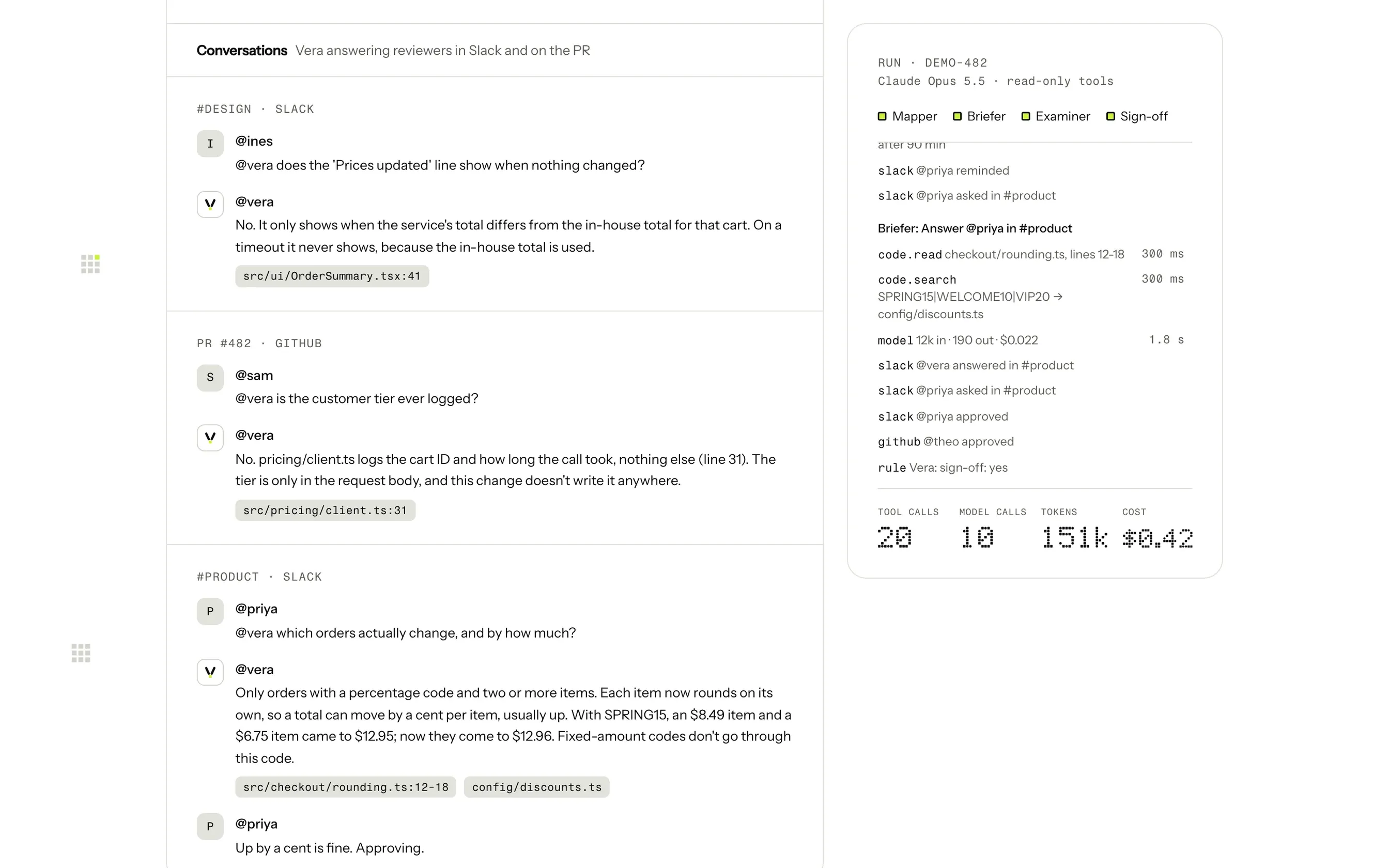 Vera answering design in Slack, security on the pull request and product in Slack, each answer citing the code it read.