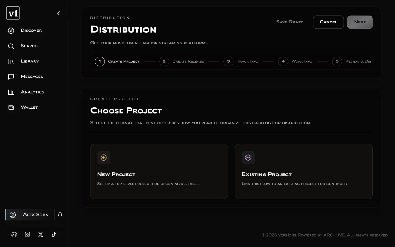 An empty "Choose project" step: new project or existing project.